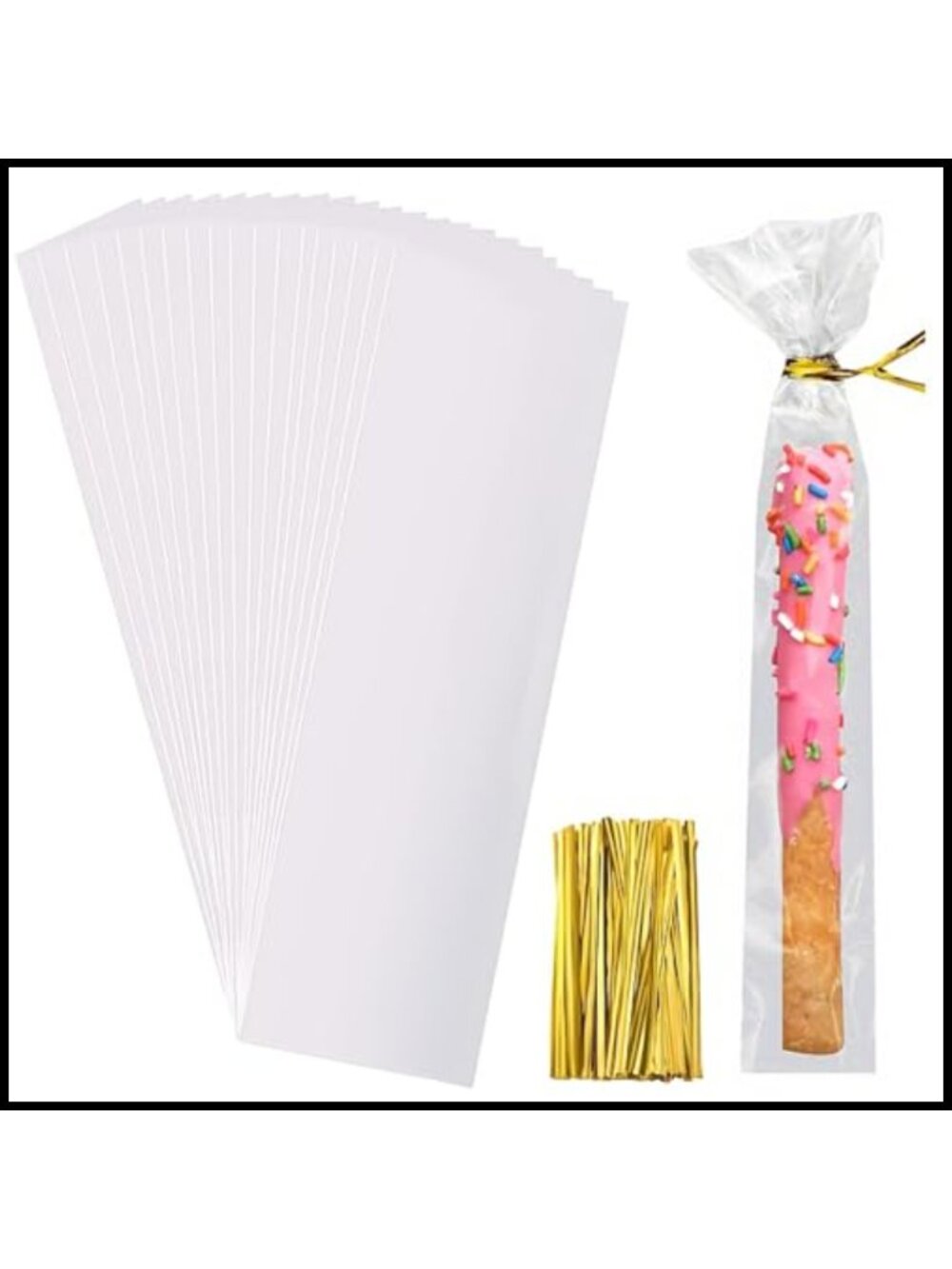 200 Pcs Clear Cellophane Treat Bags 2x10 in with Twist Ties